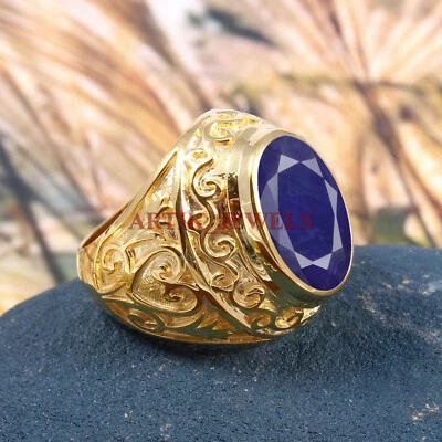 Bague Pour Homme En Argent Sterling 925 Plaqué Or Avec Saphir Bleu Chauffé #5601 - Photo 1/3
