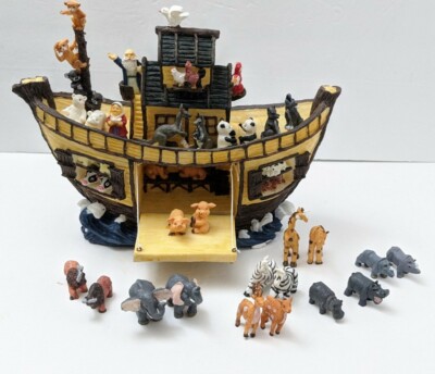 PAN ORAMA GIFTS Hand Painted Noah's Ark W/ 16 Pc Animal Set Vintage 1998 READ 