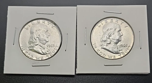 Ben Franklin Half Dollar 90% Silver, Lot of 2- 1963 & 1963-D - AU - B-115