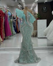 Mint Green Crystals Long Prom Dresses Mermaid Sleeveless Special Evening Dress