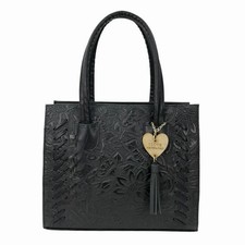 Handcrafted Black Tooled Leather Shoulder Bag with Zippered Pockets - New