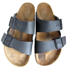 Birkenstock Arizona BLACK LEATHER Slip On Slide Sandals, size 37 Wide, 6.5 -7 US