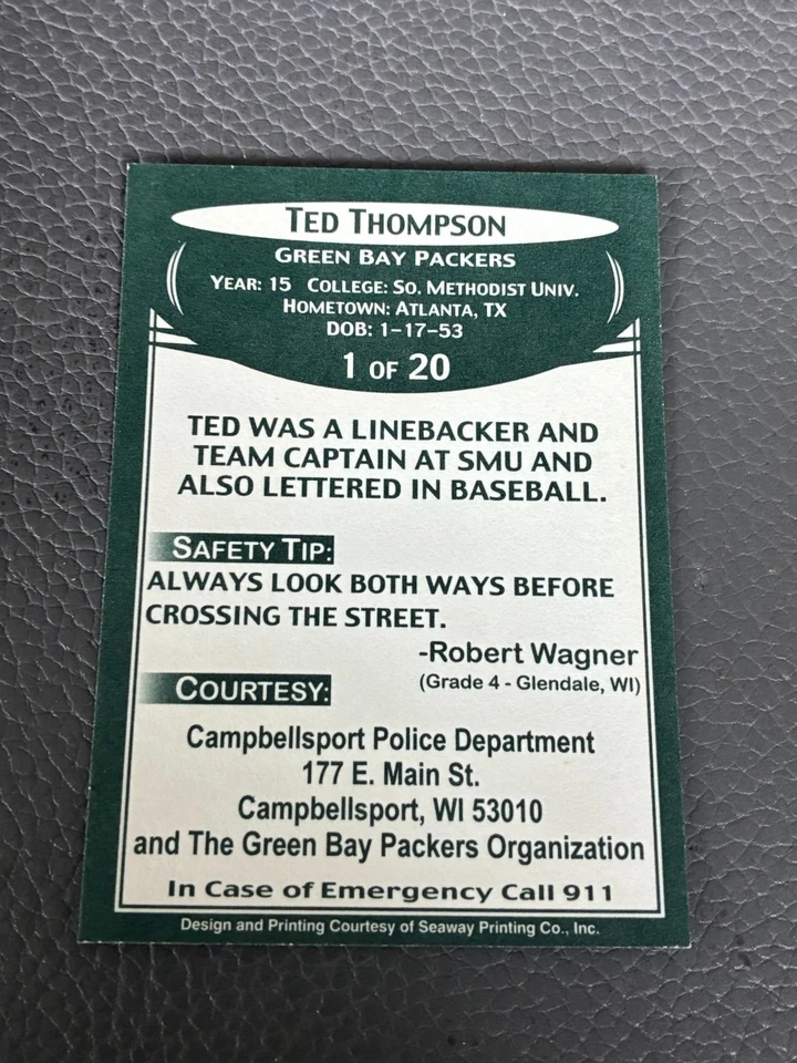 2007 Green Bay Packers Police Amery PD Back Ted Thompson #1 - Image 2 of 2