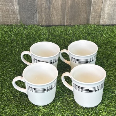 Lot of 4 Vintage CorningWare White Coffee Mugs Black Stripe USA Microwave Safe 