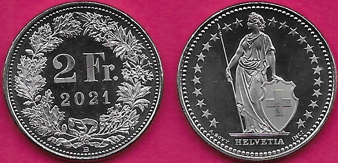 SWITZERLAND 2 FRANCS 2021-B UNC FULL LENGTH FIGURE OF HELVETIA