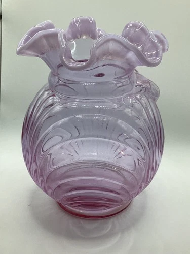 Fenton Art Glass Vase – Light Purple Opalescent, Draped with Ruffled Top & Bow