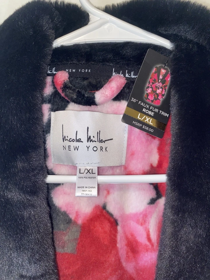 全新! Nicole Miller 奢华绽放红色粉红色玫瑰毛绒腰带长袍人造毛皮 L/XL — 第 2/4 张图片