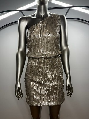 Halston Heritage One Shoulder Champagne Gold Sequin Dress Sz S