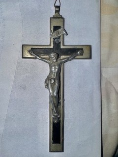 VINTAGE METAL CRUCIFIX INLAID EBONY 4 1/2”x2”MADE in Germany