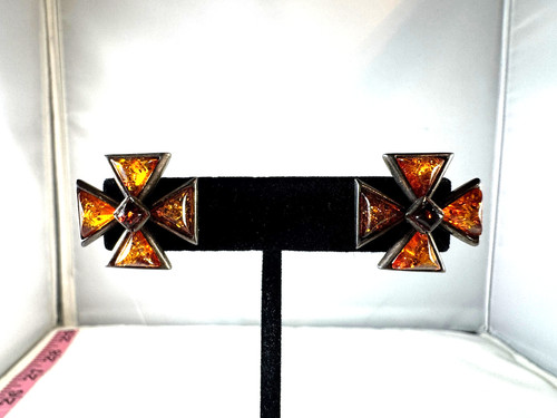 Vintage Sterling Silver Polish Iron Cross pierced Amber earrings, marked V-8
