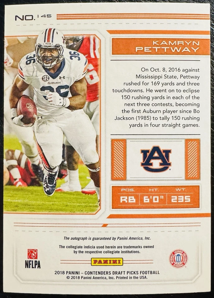 2018 Panini Contenders Draft Picks Bowl Ticket /99 Kamryn Pettway Rookie Auto RC - Image 2 of 2