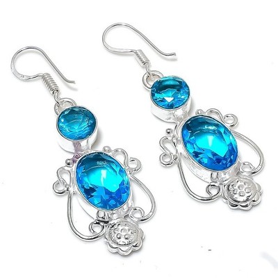 Swiss Blue Topaz Gemstone Handmade 925 Sterling Silver Jewelry Earring Size 2''
