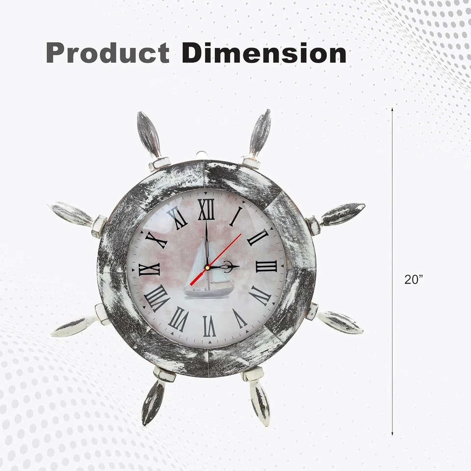Antiguo reloj de pared rústico blanco y gris rueda de barco esfera náutica barco pirata 12" Foto 3 de 4