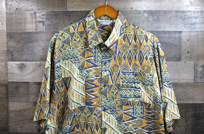Vintage DaVinci Shirt Mens Big 2X Multicolor Geometric Tribal Poly Rayon Pocket