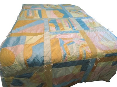 Vintage Pastel Satin Crazy Quilt 15 Blocks Hand Tied Long Twin Percale Back GUC