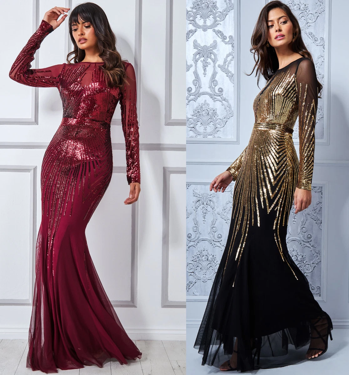 Gold Sequin Prom Dress with Long Sleeve Long Train - Promfy