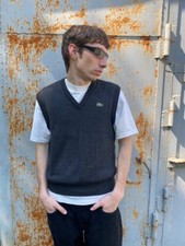 Lacoste Mens Vest Jumper 6 Gray V Neck Wool Knit Sleevless