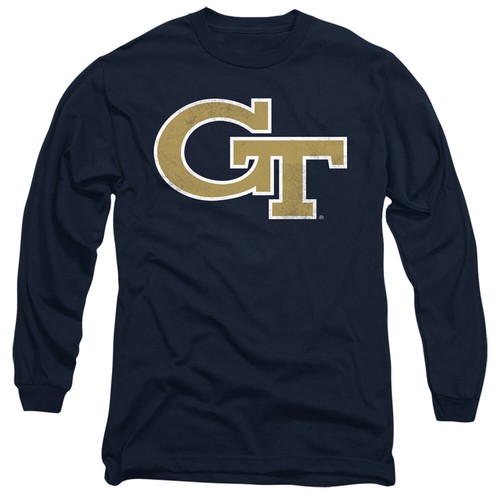 Georgia Tech Adult Long Sleeve T-Shirt Distressed Primary Logo, Navy, S-3XL