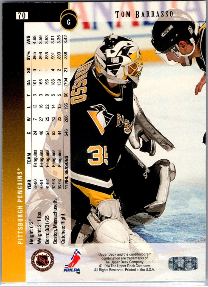1994-95 Upper Deck - #70 Tom Barrasso - Image 2 of 2