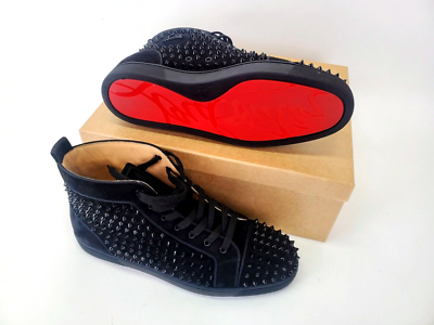 Louboutin Louis Flat Calf/Spikes Mens Red Bottom, Black Suede EU