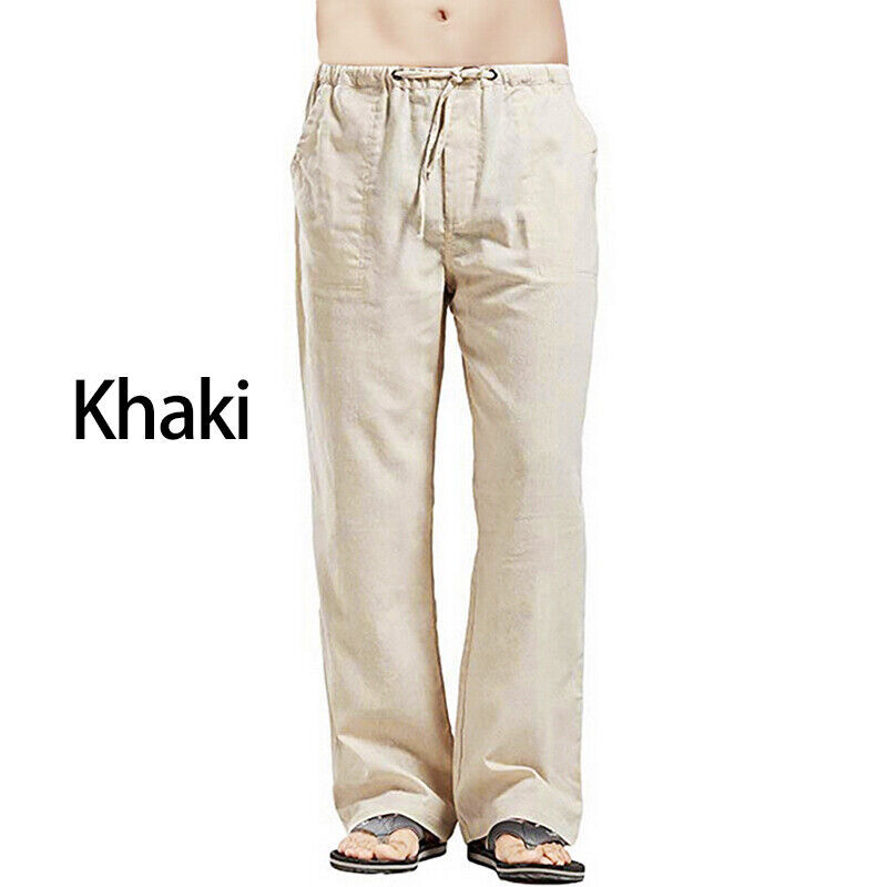 Mens Pants Loose Linen Straight Pants Elastic Waist Casual Trousers Streetwear/