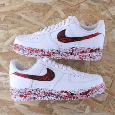 Air Force 1 Custom White Shoes Red & Black Splatter Splash Mens Womens Kids Size