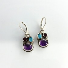 Handmade Sterling Silver Amethyst Topaz Garnet Dangle Earrings