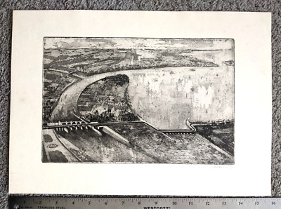 VINTAGE SIGNED ETCH PRINT  UNKNOWN LOCATION ARTIST WATERWAY INLET ARIAL BW 16''