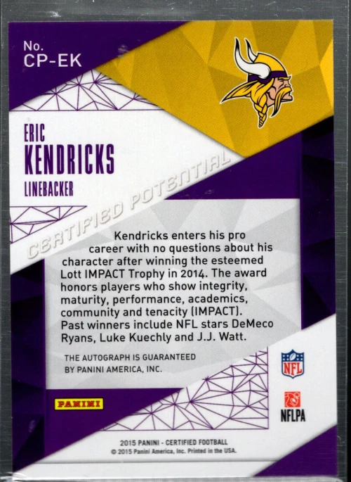 A6940- 2015 Certified Potential Autographs Mirror Blue #CPEK Eric Kendricks /50 - Image 2 of 2