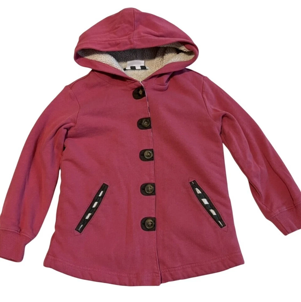 Hanna Andersson Hooded Coat Girls Pink Fleece Lined Button Front Jacket Sz 5 - Image 3 of 4