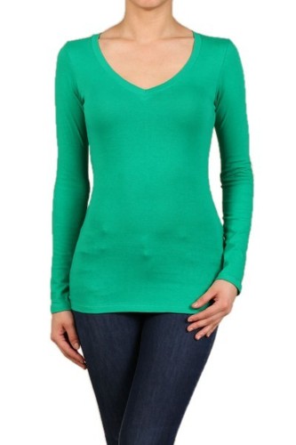CAMISETAS DE ALGODÓN CUELLO EN V manga larga para mujer/junior top liso S-XL SJ2022 - Imagen 35 de 72