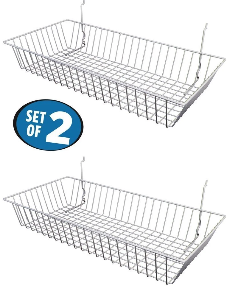 ONLY HANGERS White Wire Baskets for Slatwall, Gridwall or Pegboard (Set of 2) 24”Lx12”Dx4"H