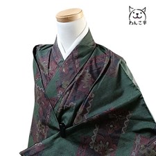 Wankotei Kimono Pure Silk Tsumugi Green Used Japan