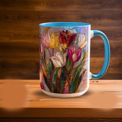 Stained Glass Print Tulip Mug: Floral Art Coffee Cup, Botanical Lover Gift