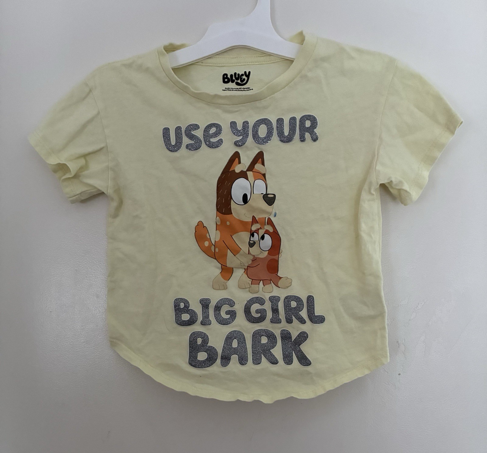 Bluey Kids Girls Glitter Chilli Bingo 100% Cotton Crewneck T-Shirt Yellow Sz 5/6