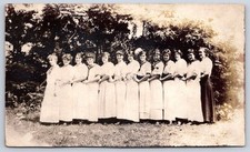Twelve Young Women Outdoor Group Photo White Dresses 1900s Rppc