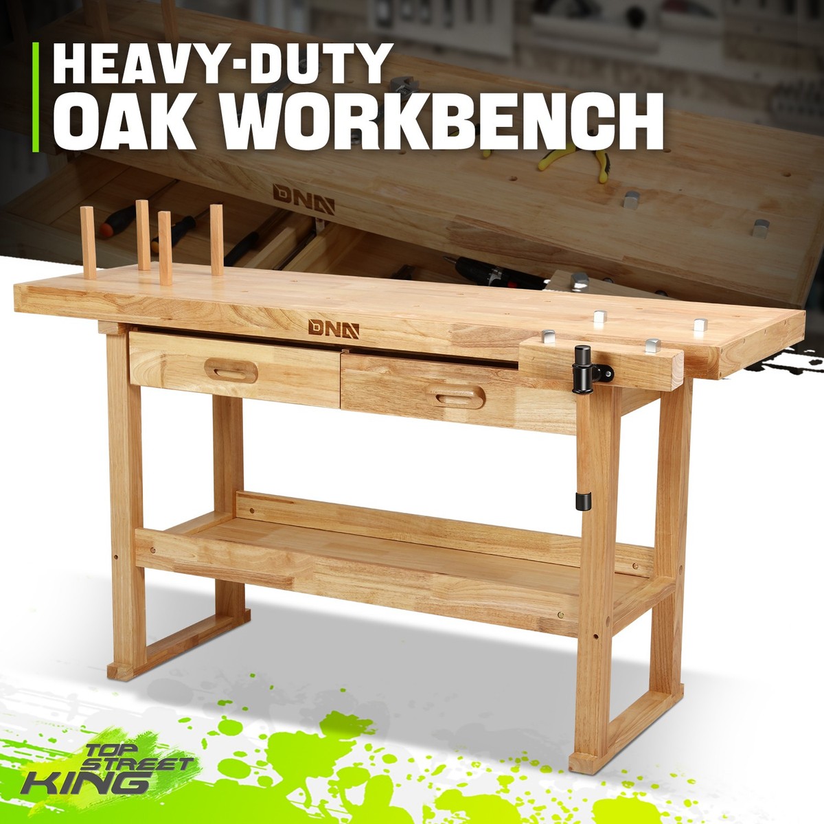Solid Oak Wood Workbench Work Desk w/ 2 Drawers + Open Space +