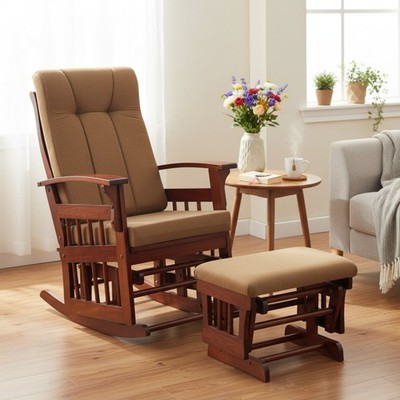 Relaxing Solid Wood Glider Chair Reading Chair + Extra Ottoman w Brown Cushion