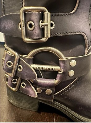 MIU MIU Leather Biker Knee High Boots Black Buckle Straps Block