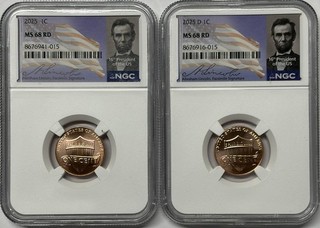 2025 P & D Lincoln Shield Cent NGC MS68 RD 2 Coin Penny Set Signature Labels