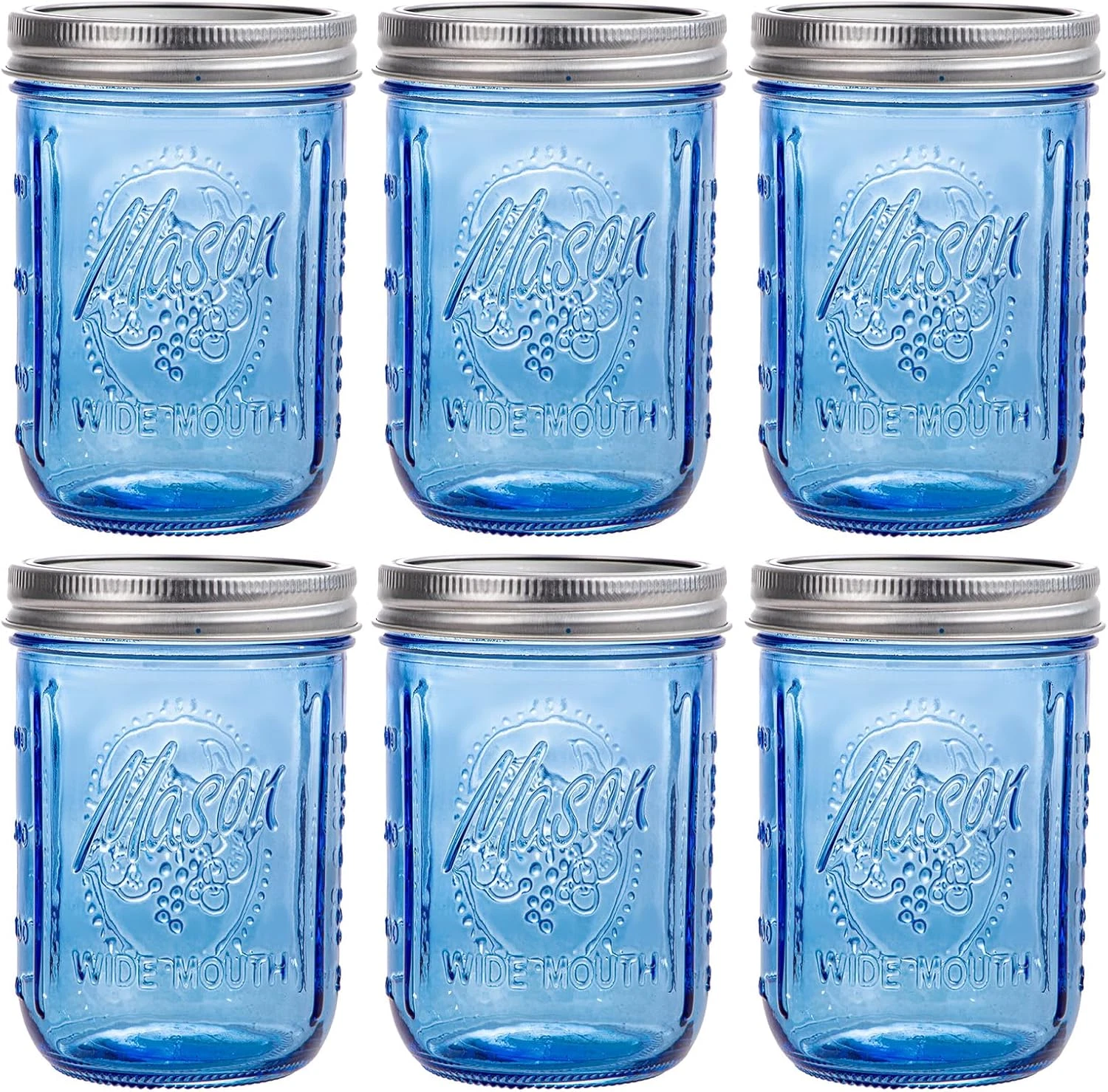 WELLIFE 6-Pack Mason Jars 16 oz with Lids – Blue Wide Mouth Glass Mason Jars, Ai