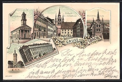Lithographie Ansbach, Ludwigskirche, Ob. Markt, St. Cumbertus Kirche, Regierung 