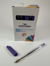 50 X Purple Biro Ballpoint Pens Consortium Medium Tip Ball Point Pen Purple Ink.