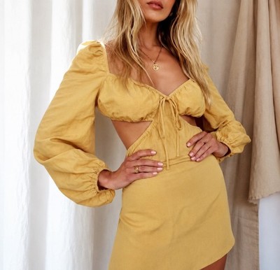 12th Tribe Isla Cutout Mini Dress Marigold Yellow Linen Blend Size S Boho Beach