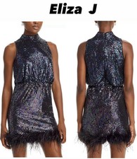 Eliza J Sequin Mock Neck Sleeveless Blouson Feather Trim Sheath Dress,Size 6 NWT