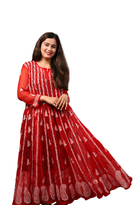 Women Red Anarkali Chikankari Wedding Function Fancy straight Designer  Kurti | eBay