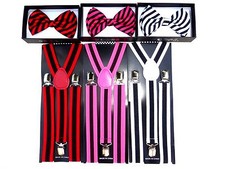 New Stripe SUSPENDER and BOW TIE Matching SET Tuxedo Wedding Suit US SELLER