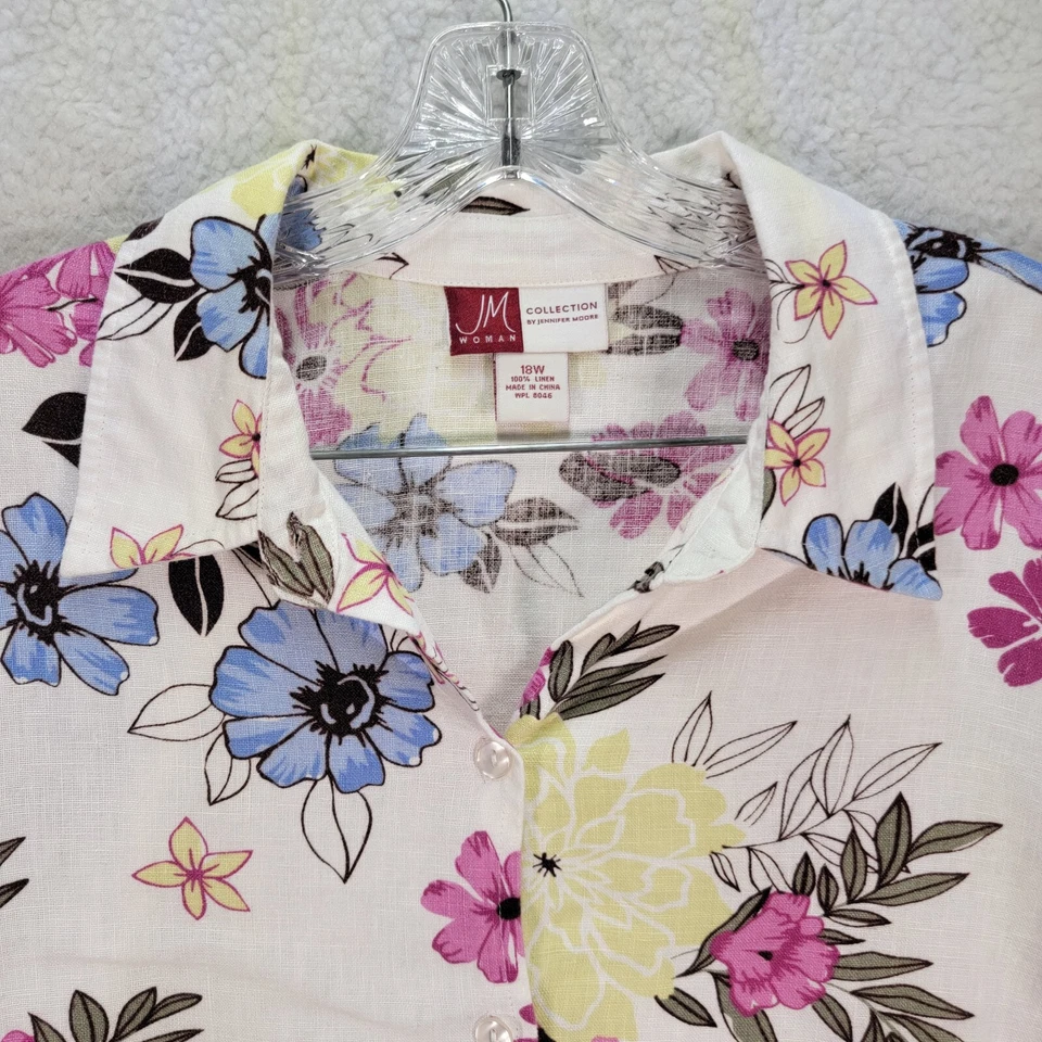 Jennifer Moore Women Top Plus Size 18W White Floral Linen Collared Button Blouse - Image 2 of 4