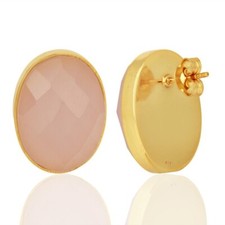 Oval Rose Quartz Stud Earrings 14k Gold Plated Sterling Silver Mother's Day Gift