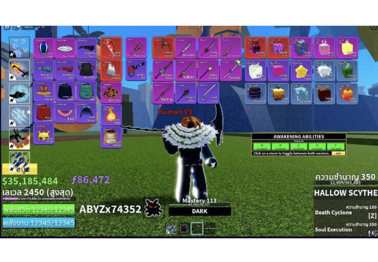 Blox Fruit Lv:2450Max, Awaken Dark, GodHuman, Hallow scythe, Soul  Guitar, Unverified Account